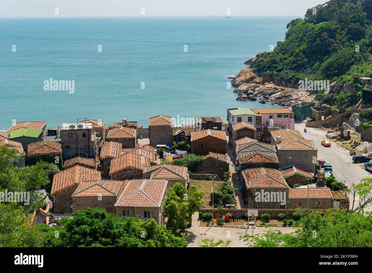 Sunny view of the Jinsha Village cityscape with beach view at Matsu, Taiwan Stock Photo