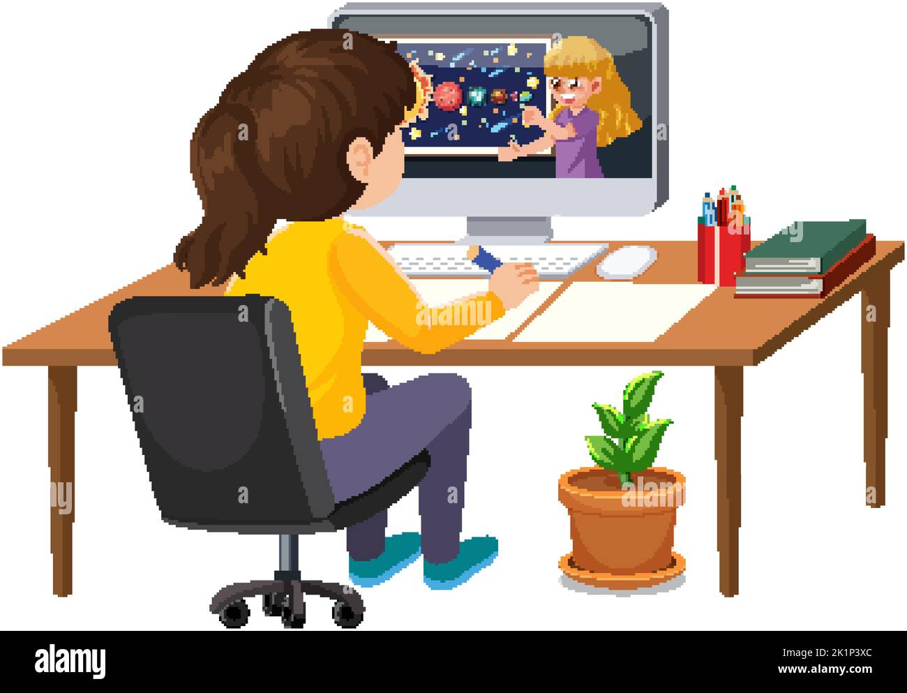 A girl studying online on computer illustration Stock Vector Image ...