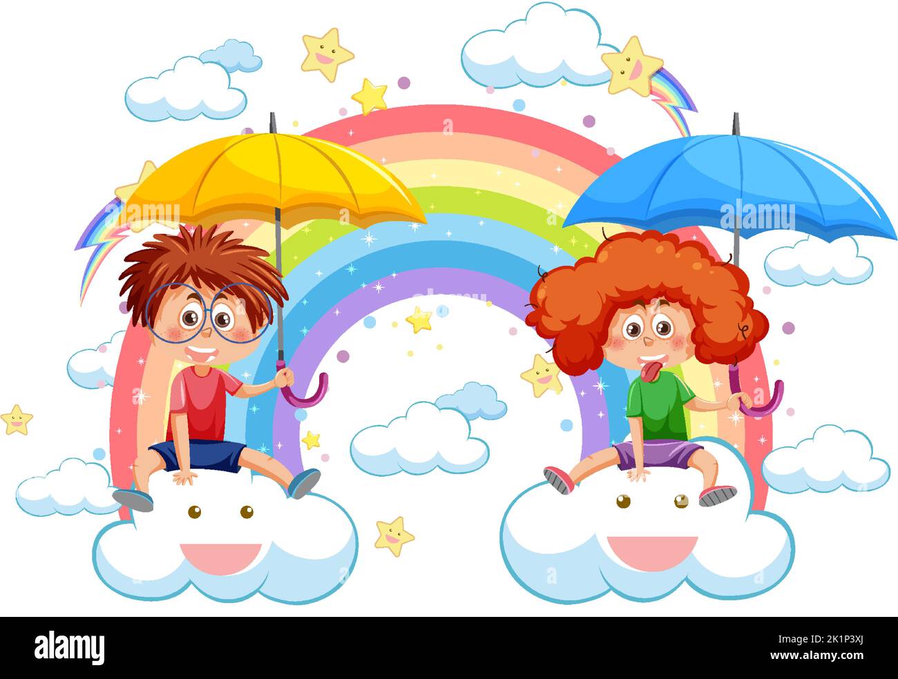 Children sitting on clouds with rainbow in the sky illustration Stock ...