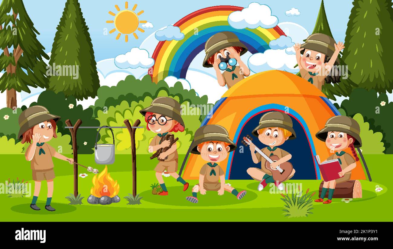 Children camping out forest scene illustration Stock Vector Image & Art ...