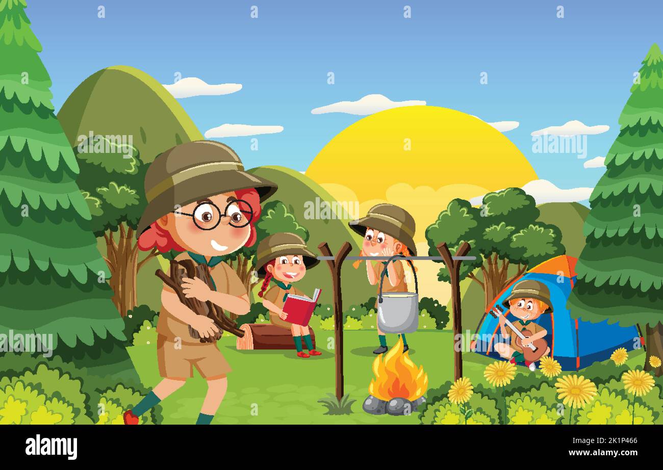 Children camping out forest scene illustration Stock Vector Image & Art ...