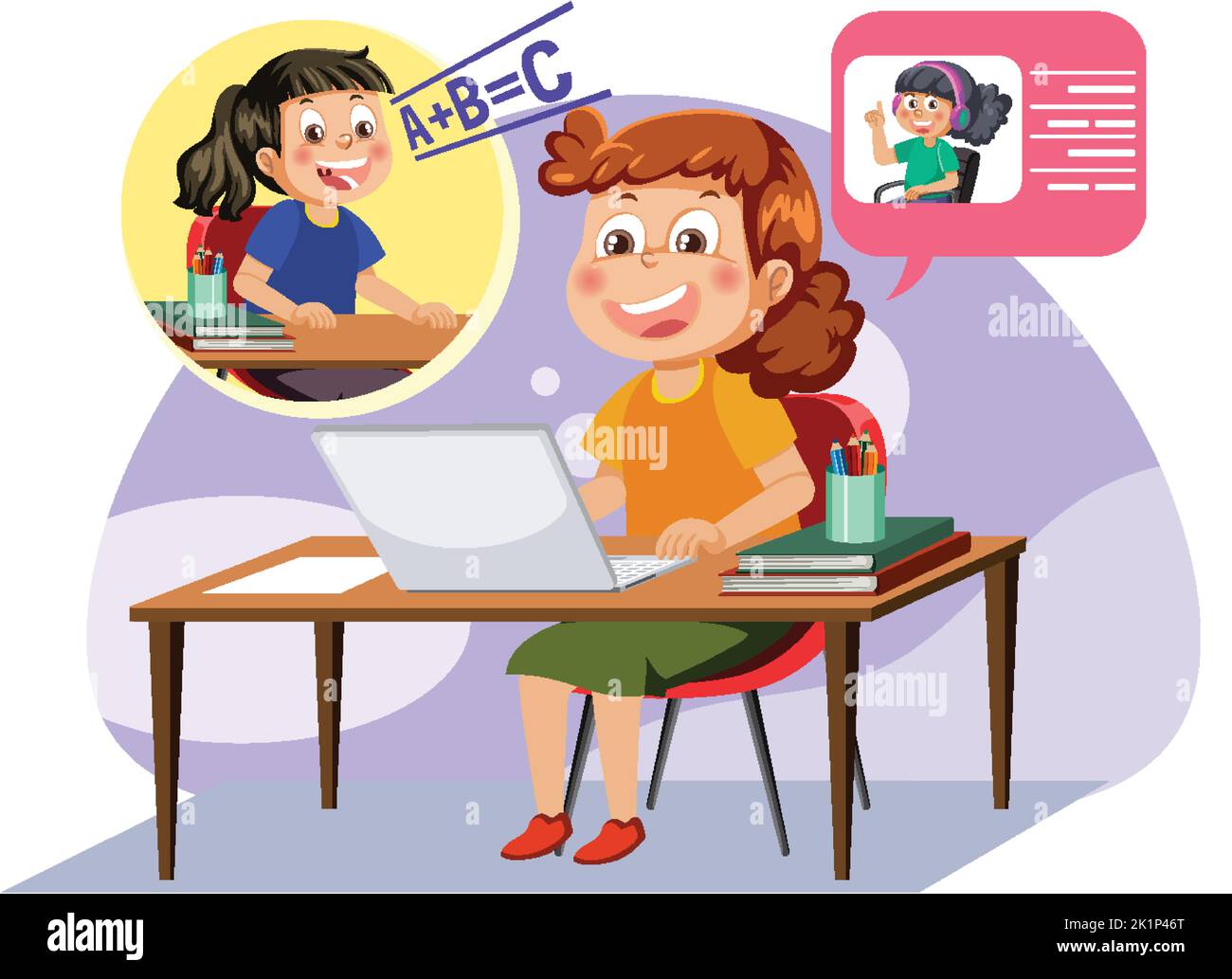 A girl doing homework on laptop illustration Stock Vector