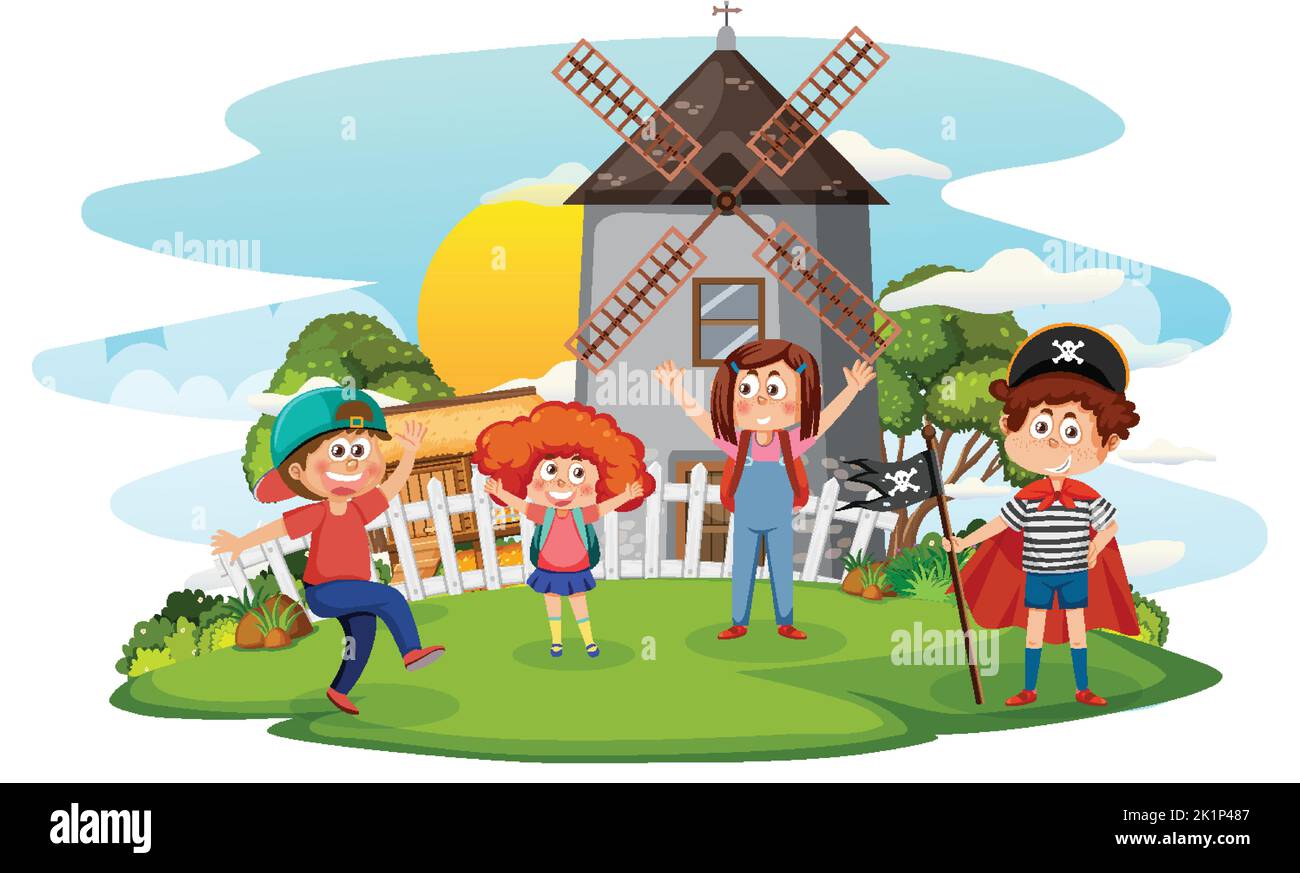 Farm scene with kids cartoon character illustration Stock Vector Image ...