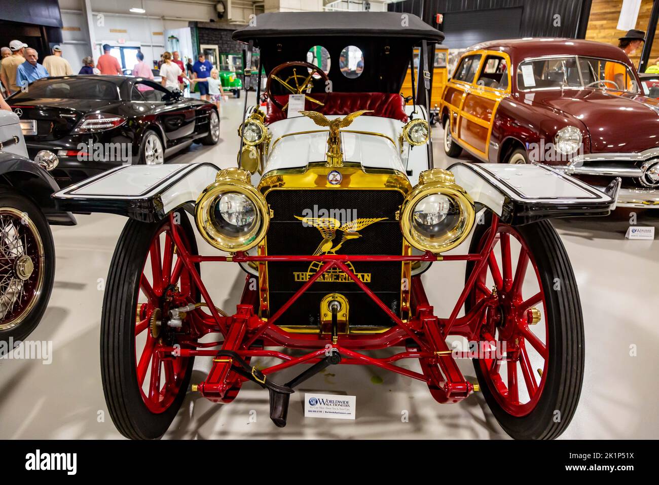 A 1912 American Underslung Scout Roadster on display at Worldwide Auctioneers in Auburn, Indiana, USA. Stock Photo