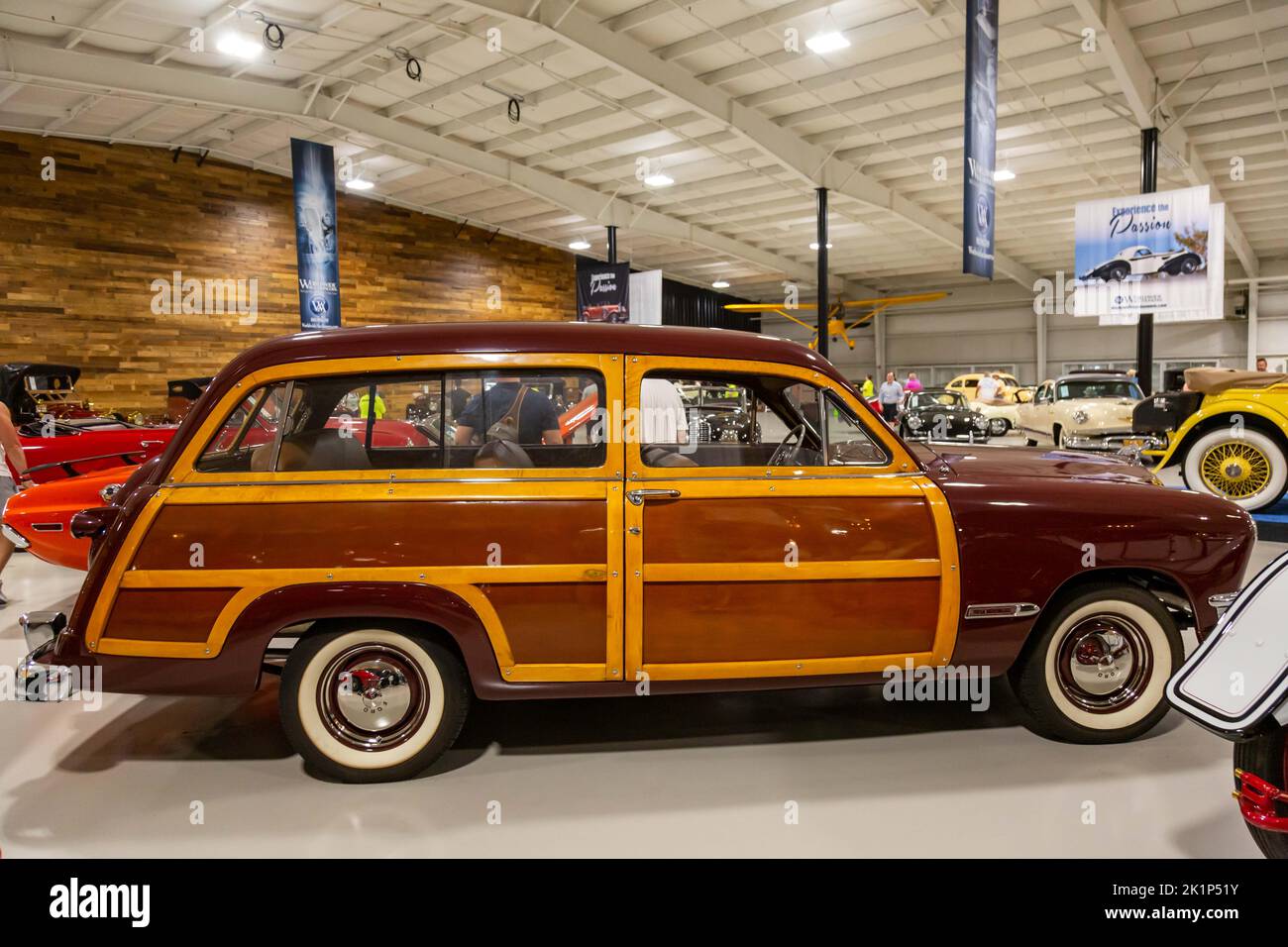 A 1950 Ford Custom Deluxe Woody Station Wagon on display at Worldwide Auctioneers in Auburn, Indiana, USA. Stock Photo