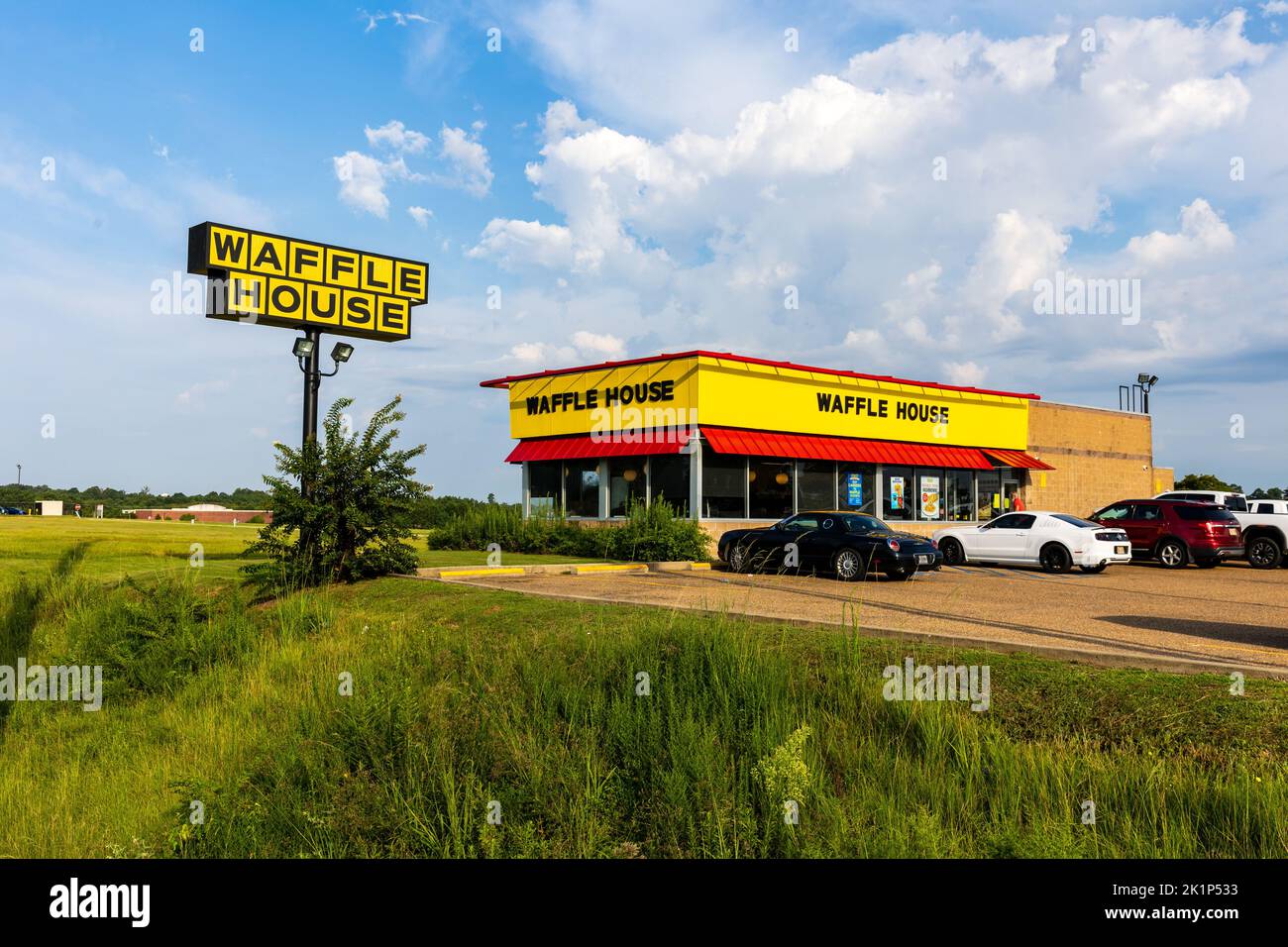 Flowood, MS - August 17, 2022: Waffle House is a popular restaurant chain serving breakfast and dinner foods. Stock Photo