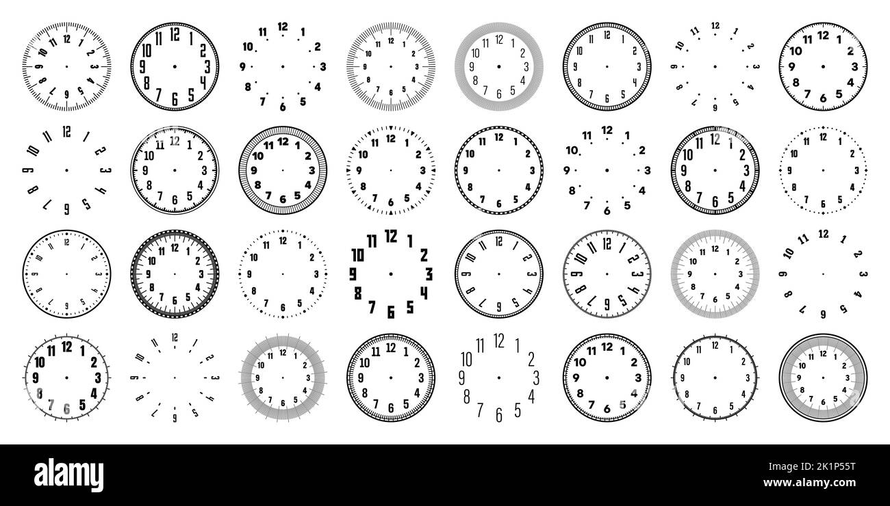 Mechanical clock faces with arabic numerals, bezel. Watch dial with