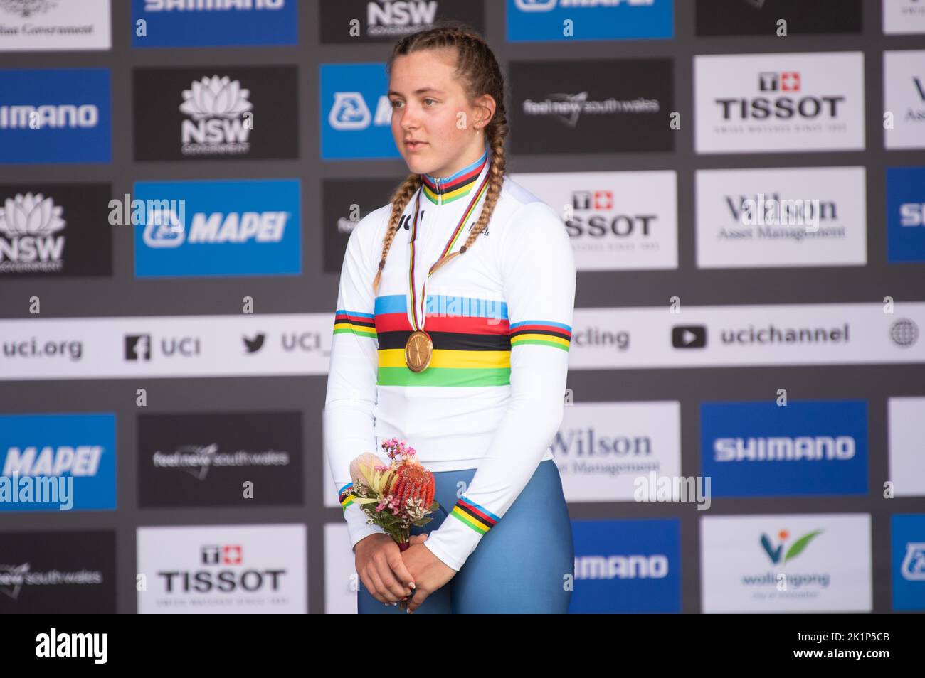 Zoe Backstedt of Great Britain on the podium after winning the junior women's time trial at the 2022 UCI Road Cycling World Championships. Stock Photo