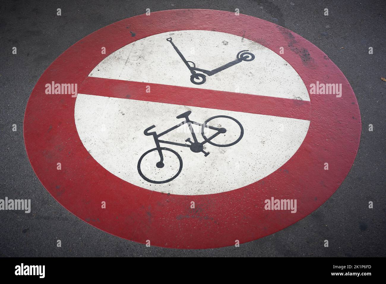 Prohibition of scooter and bicycle on a footpath in Mulhouse in France Stock Photo