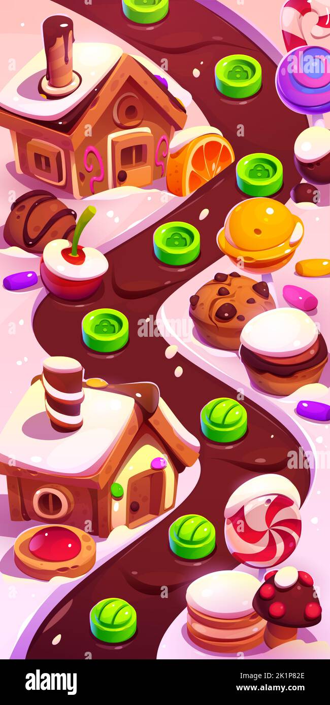 Candy land mobile game map, cartoon illustration. Magic sweet town with
