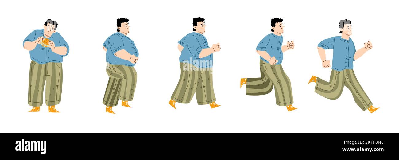 Fat man eat hamburger, start running and loss weight. Person with