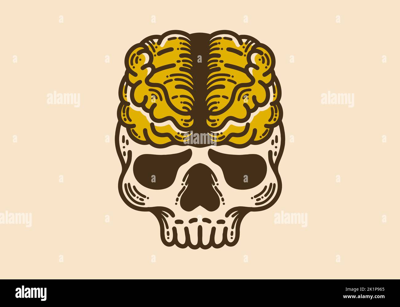 Skull with big brain vintage retro line art design Stock Vector Image