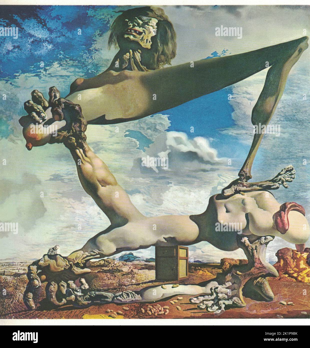 Premonition of Civil War (Soft Construction with Boiled Beans) ,1936, oil on canvas. Painting by Salvador Dali. Salvador Dalí (11 May 1904 – 23 January 1989) was a Spanish surrealist artist renowned for his technical skill, precise draftsmanship, and the striking and bizarre images in his work. Born in Figueres, Catalonia, Spain, Dalí received his formal education in fine arts in Madrid. Influenced by Impressionism and the Renaissance masters from a young age he became increasingly attracted to Cubism and avant-garde movements. He moved closer to Surrealism in the late 1920s and joined the Sur Stock Photo