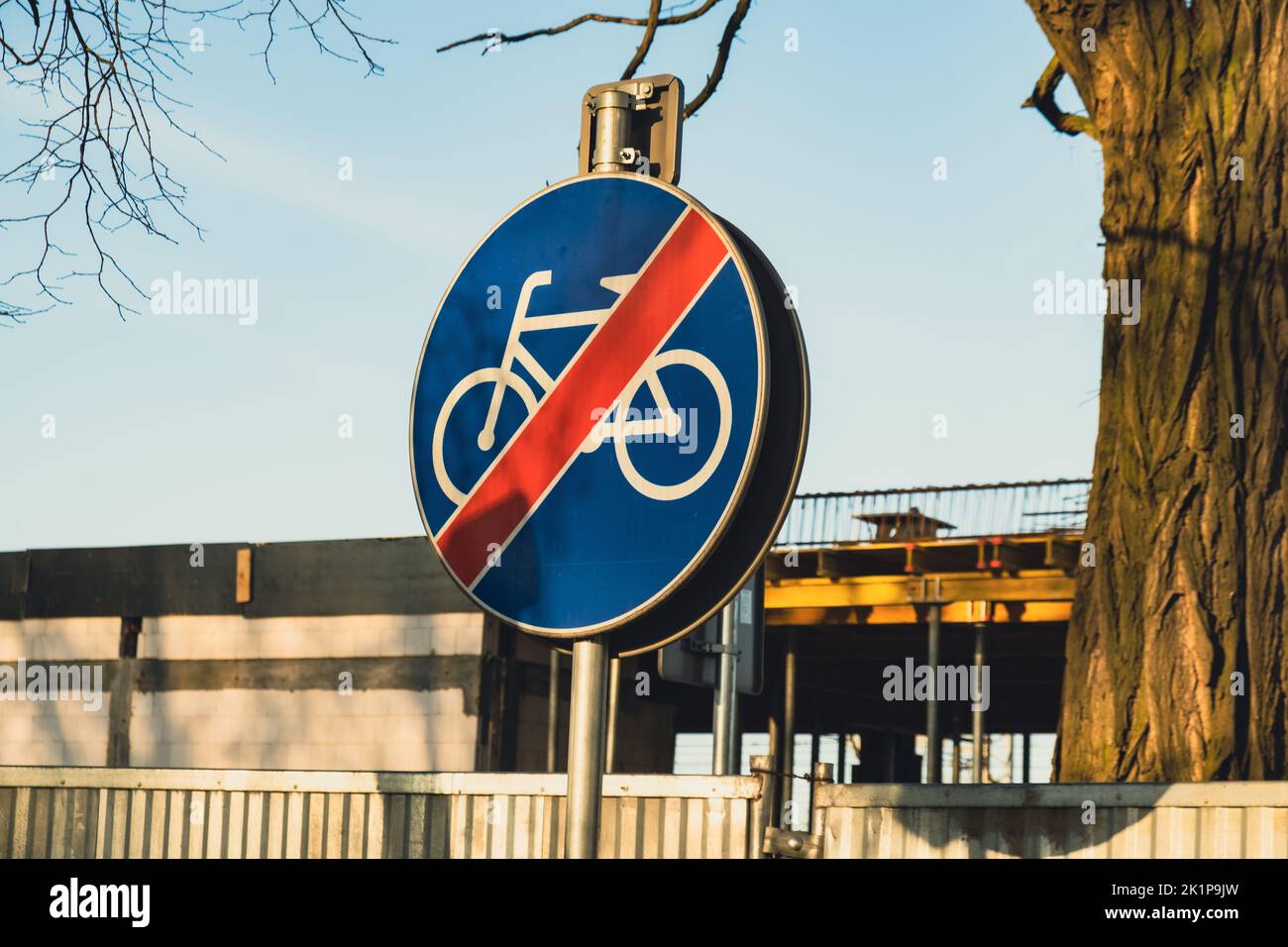 End of road for bicycles. prohibition sign no bicycle, road sign. No