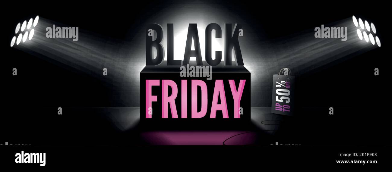 Black Friday 50 percent sale wide vector banner template. Two spotlight