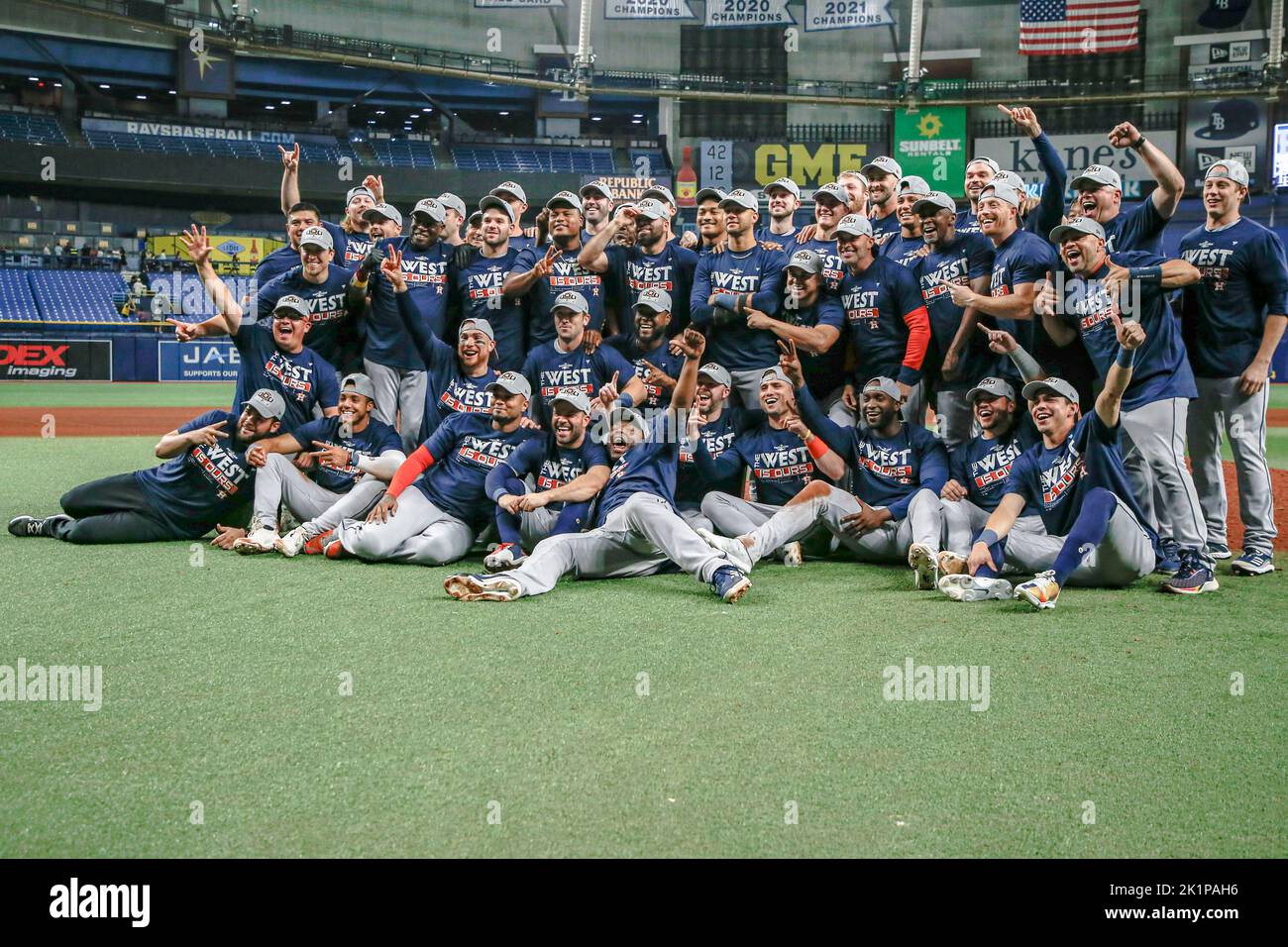 St. Petersburg, FL. USA;  Houston Astros posed for a team photo with their “AL West is Ours” t-shirts after a major league baseball game against the T Stock Photo