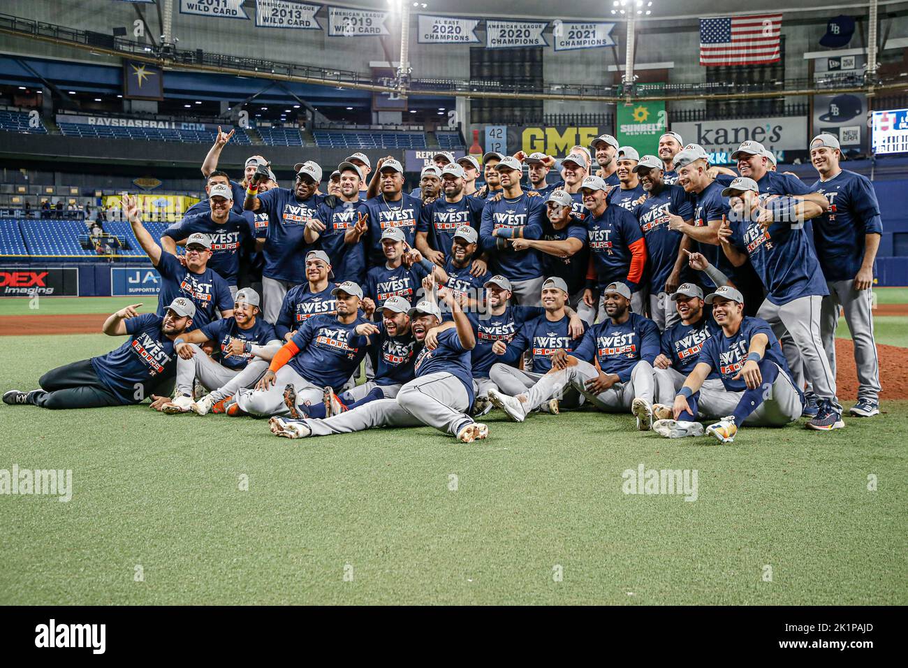 St. Petersburg, FL. USA;  Houston Astros posed for a team photo with their “AL West is Ours” t-shirts after a major league baseball game against the T Stock Photo