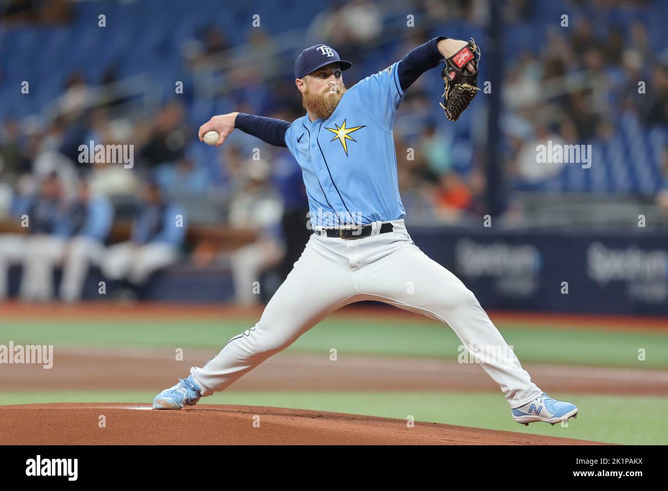 St. Petersburg, FL. USA;  Tampa Bay Rays starting pitcher Drew Rasmussen (57) delivers a pitch during a major league baseball game against the Houston Stock Photo