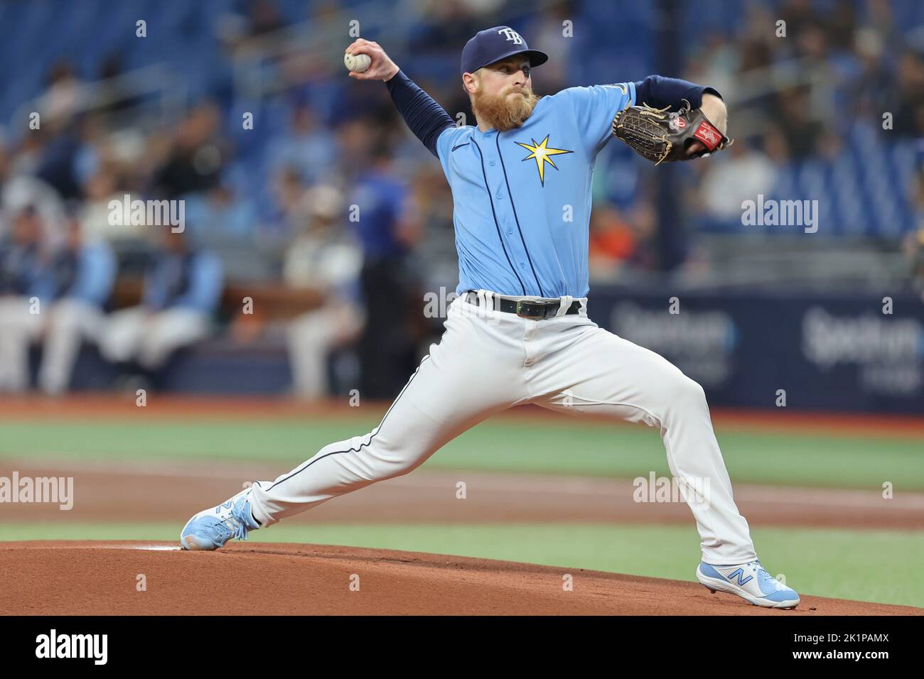St. Petersburg, FL. USA;  Tampa Bay Rays starting pitcher Drew Rasmussen (57) delivers a pitch during a major league baseball game against the Houston Stock Photo