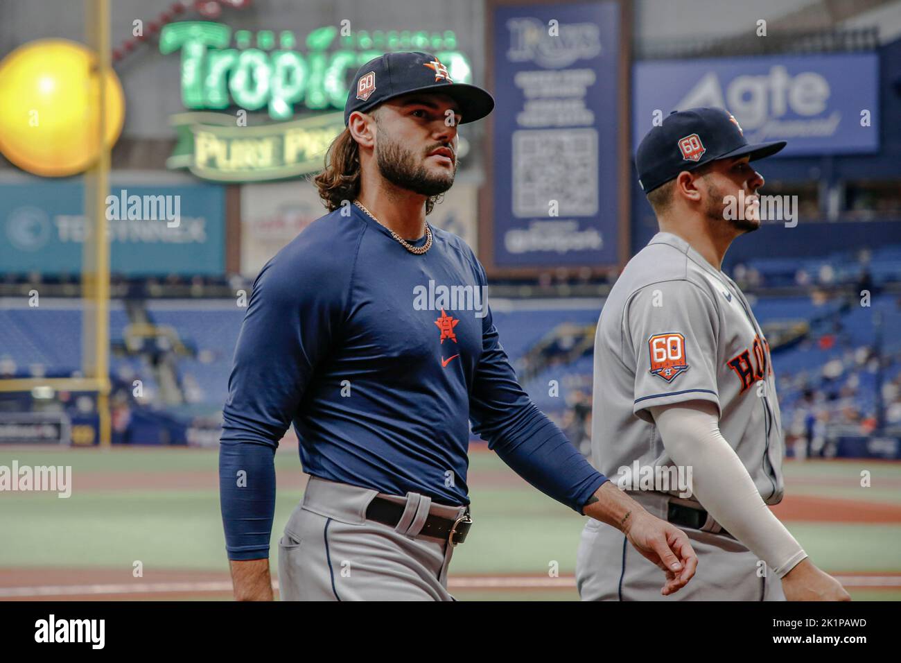 Lance McCullers Jr. #43 of the Houston Astros stands in the dugout