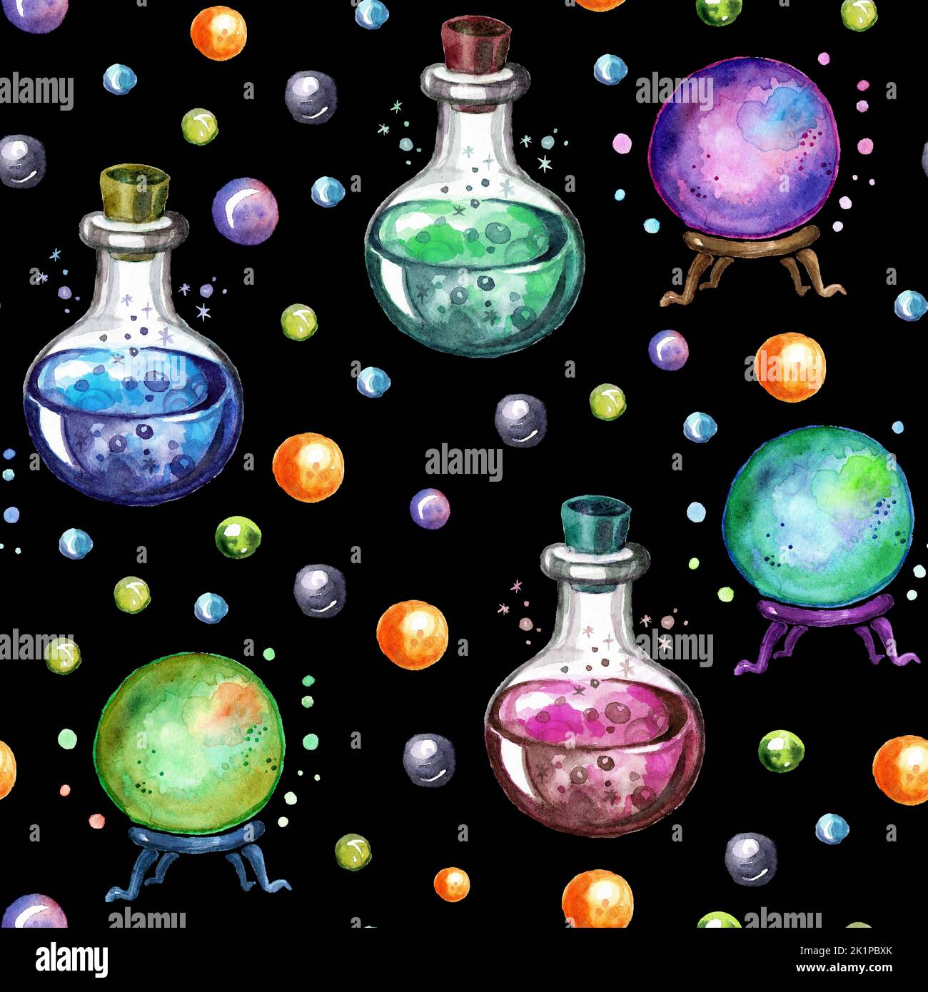Halloween seamless pattern design with a magic crystal ball and bottles ...