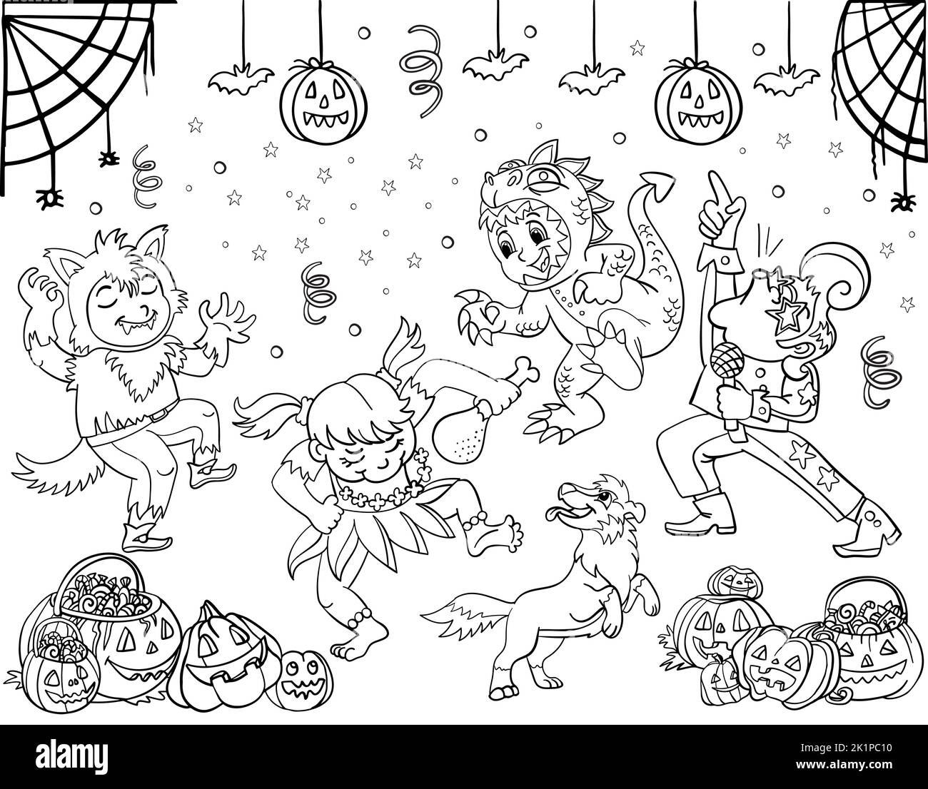 Cute little dancing kids in halloween costumes. Halloween party concept
