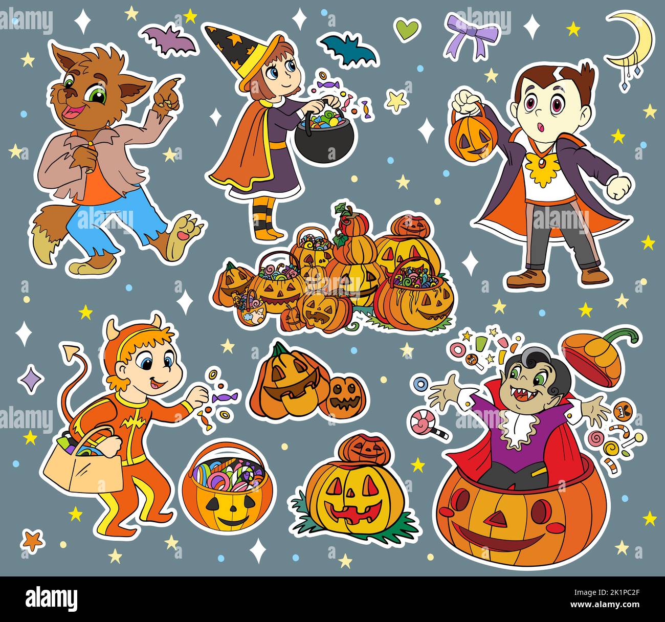 Halloween characters and elements sticker set. Witch, vampire, werewolf. Halloween concept. Vector cartoon illustration. For stickers, cards, design, Stock Vector