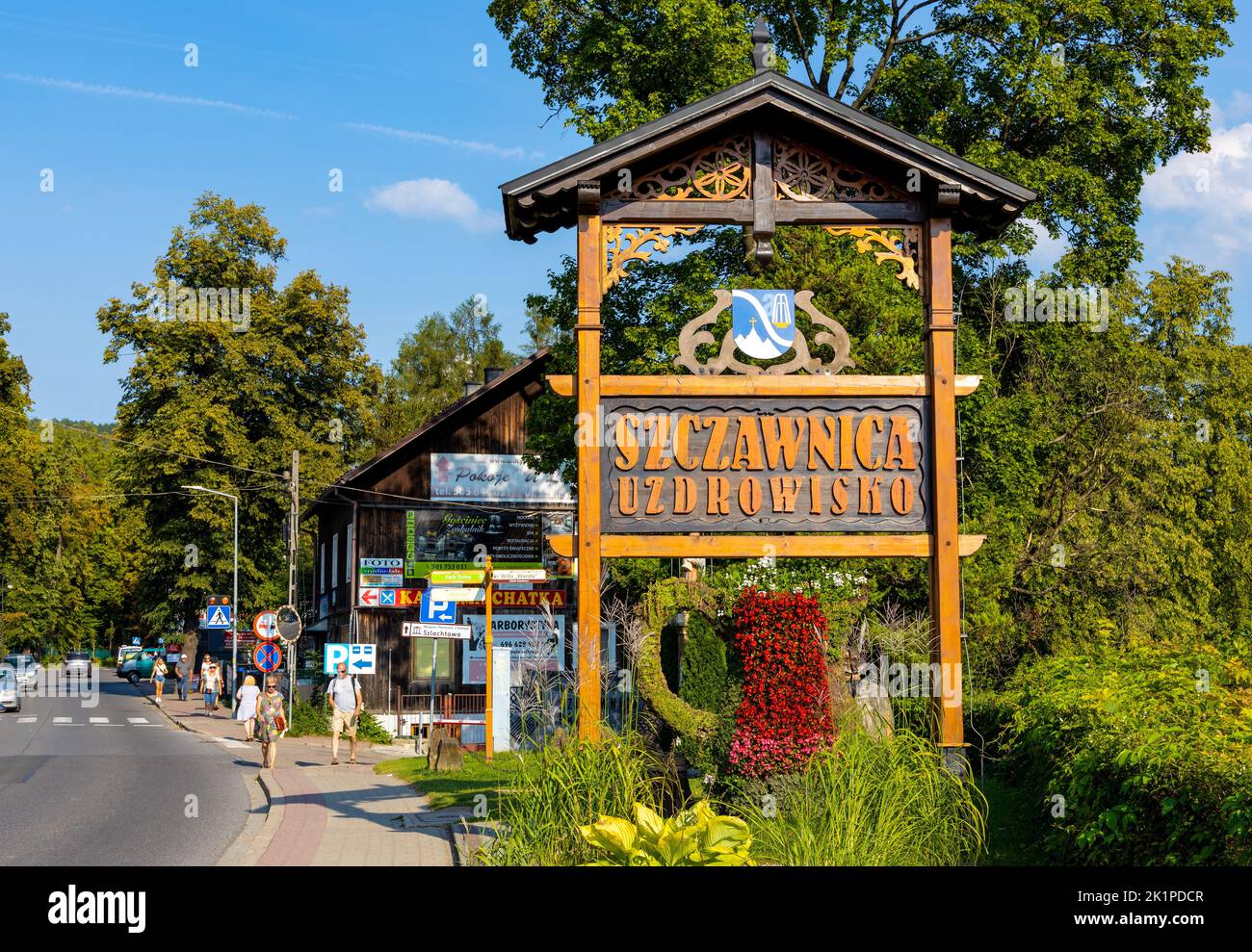 Szczawnica, Poland - August 18, 2022: Traditional welcome totem of Szczawnica Zdroj springs resort in Pieniny Mountains in Lesser Poland Stock Photo