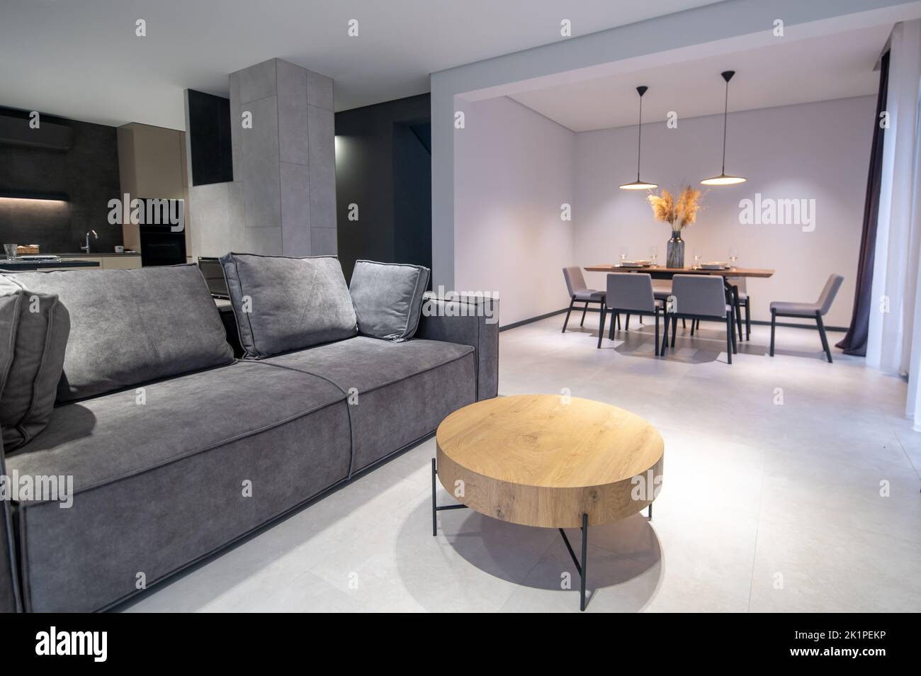 Living room adjoining the kitchen in a minimalist studio flat Stock Photo