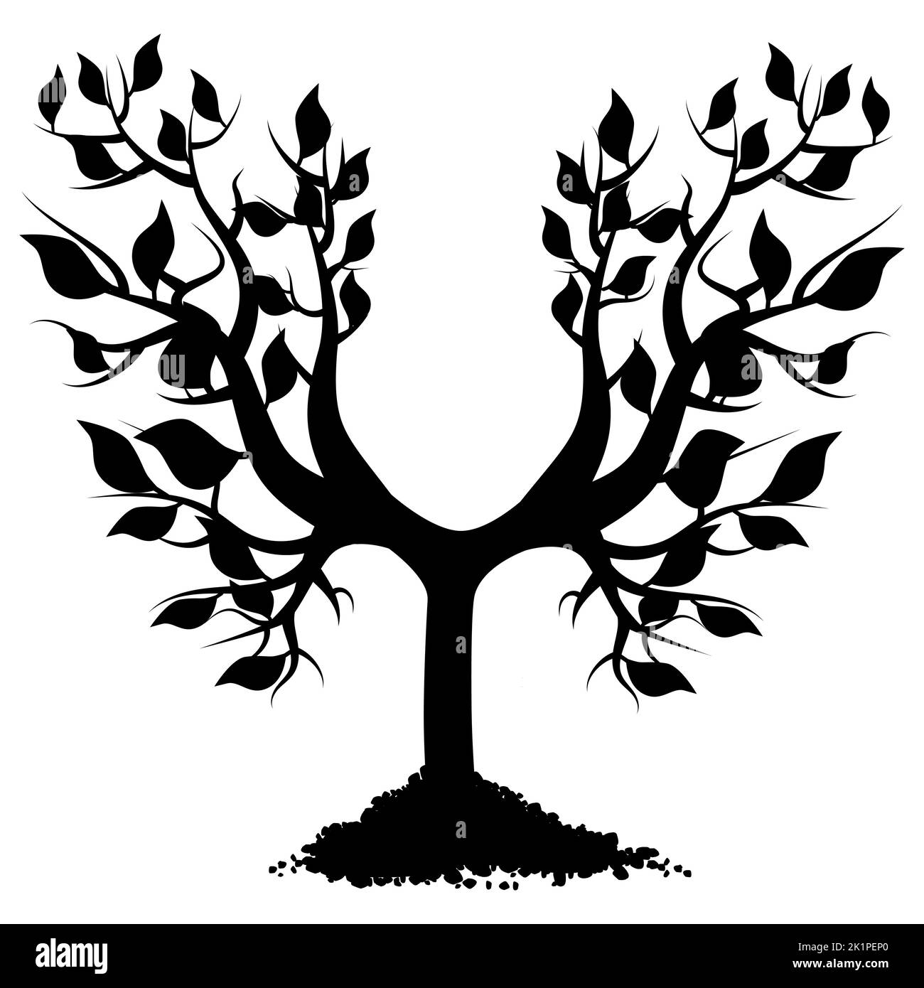 Silhouette of young tree with roots in pile of soil isolated on white ...
