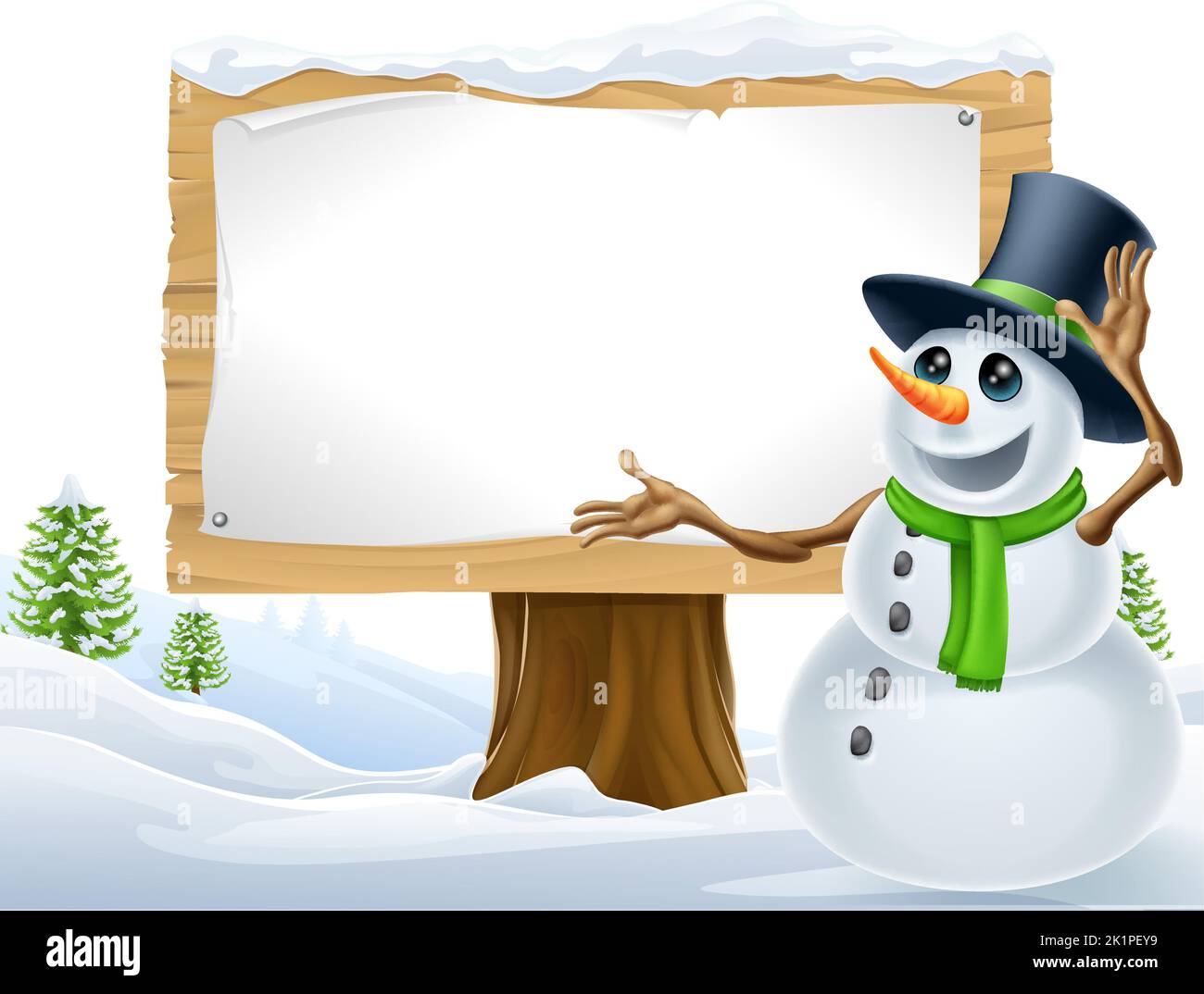 Snowman Christmas Snow Sign Landscape Scene Stock Vector
