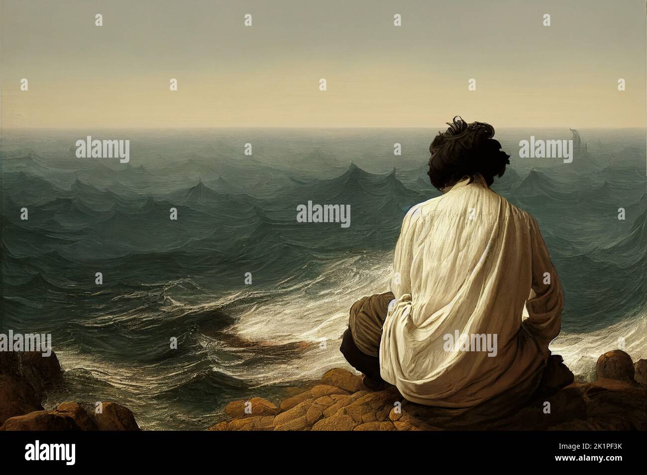 Migrant sitting on a rocky shore looks at the sea he crossed, digital illustration Stock Photo