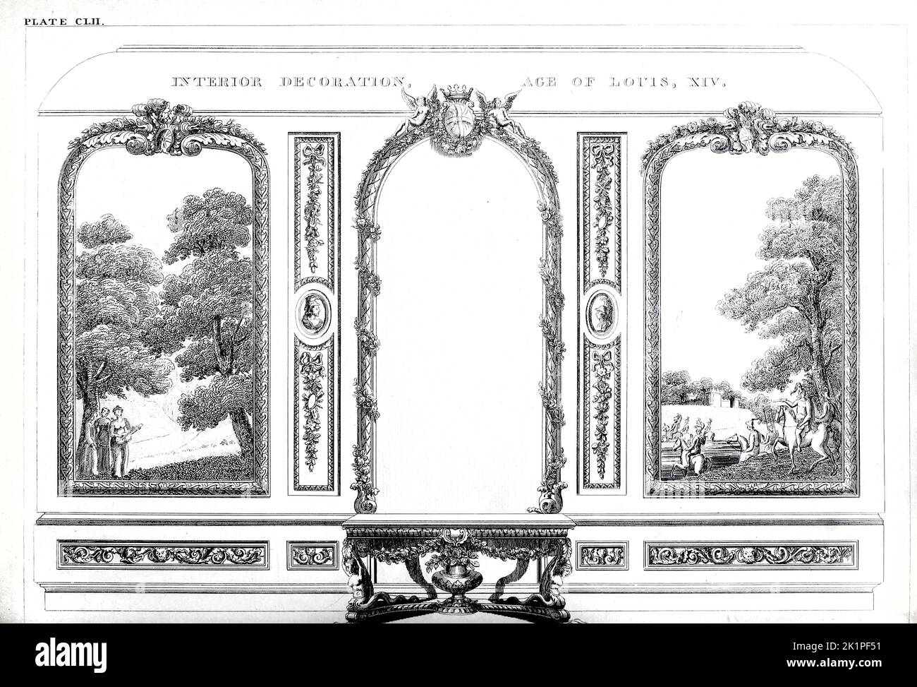 Interior Decoration Age of Louis XIV from the The cabinet-maker and upholsterer's guide : being a complete drawing book, in which will be comprised treatises on geometry and perspective as applicable to the above branches of mechanics illustrated by numerous engravings of new and original designs for household furniture, and interior decoration beautifully and correctly coloured By Smith, George, 1808-1899 Publication date 1826 Publisher London : Jones and Co. Stock Photo