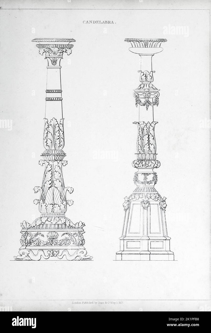 candelabra, from the The cabinet-maker and upholsterer's guide : being a complete drawing book, in which will be comprised treatises on geometry and perspective as applicable to the above branches of mechanics illustrated by numerous engravings of new and original designs for household furniture, and interior decoration beautifully and correctly coloured By Smith, George, 1808-1899 Publication date 1826 Publisher London : Jones and Co. Stock Photo