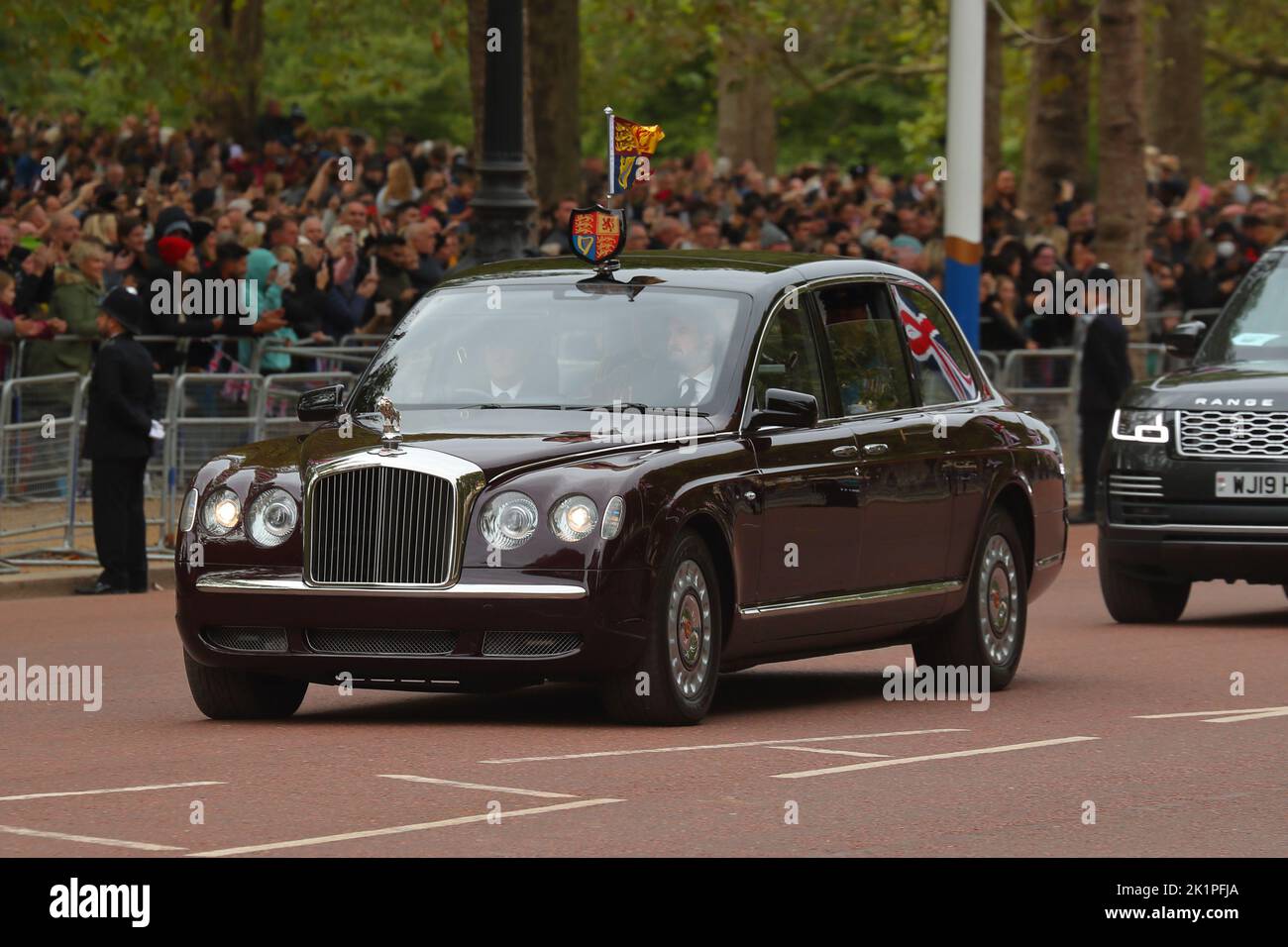 London, UK. 19th Sep, 2022. King Charles III and Prince William travel to Westminster Cathedral for the state funeral of Queen Elizabeth II. Stock Photo
