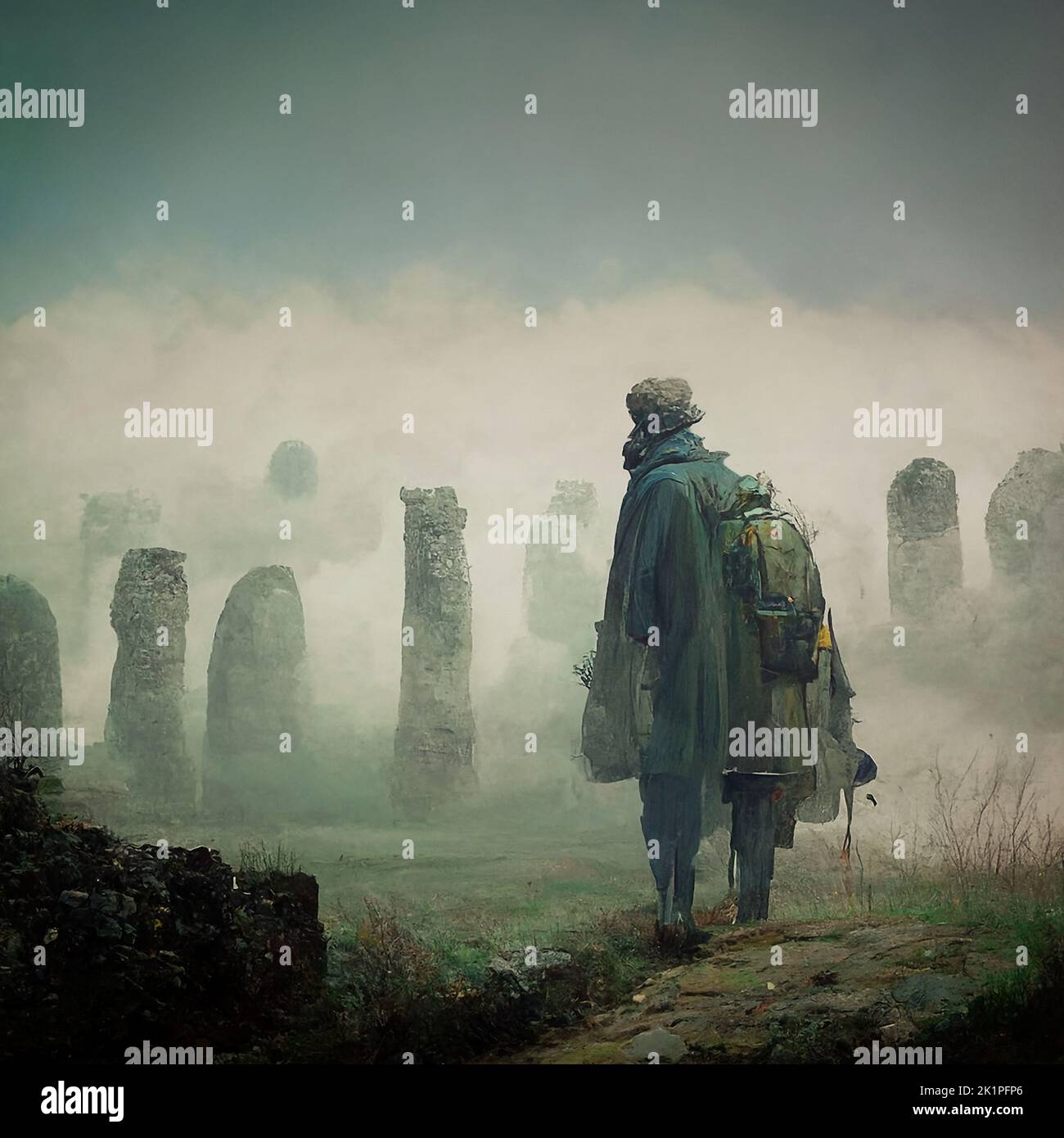 Wanderer discovers antique ruins in the fog Stock Photo