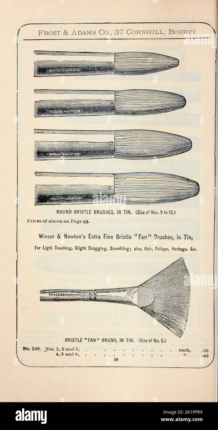 Round and Fan Bristle Brushes in Tin from the Descriptive catalogue of artists' materials, draughting papers, tracing cloth, and mathematical instruments. by Frost & Adams Co. Publication date 1898 Stock Photo