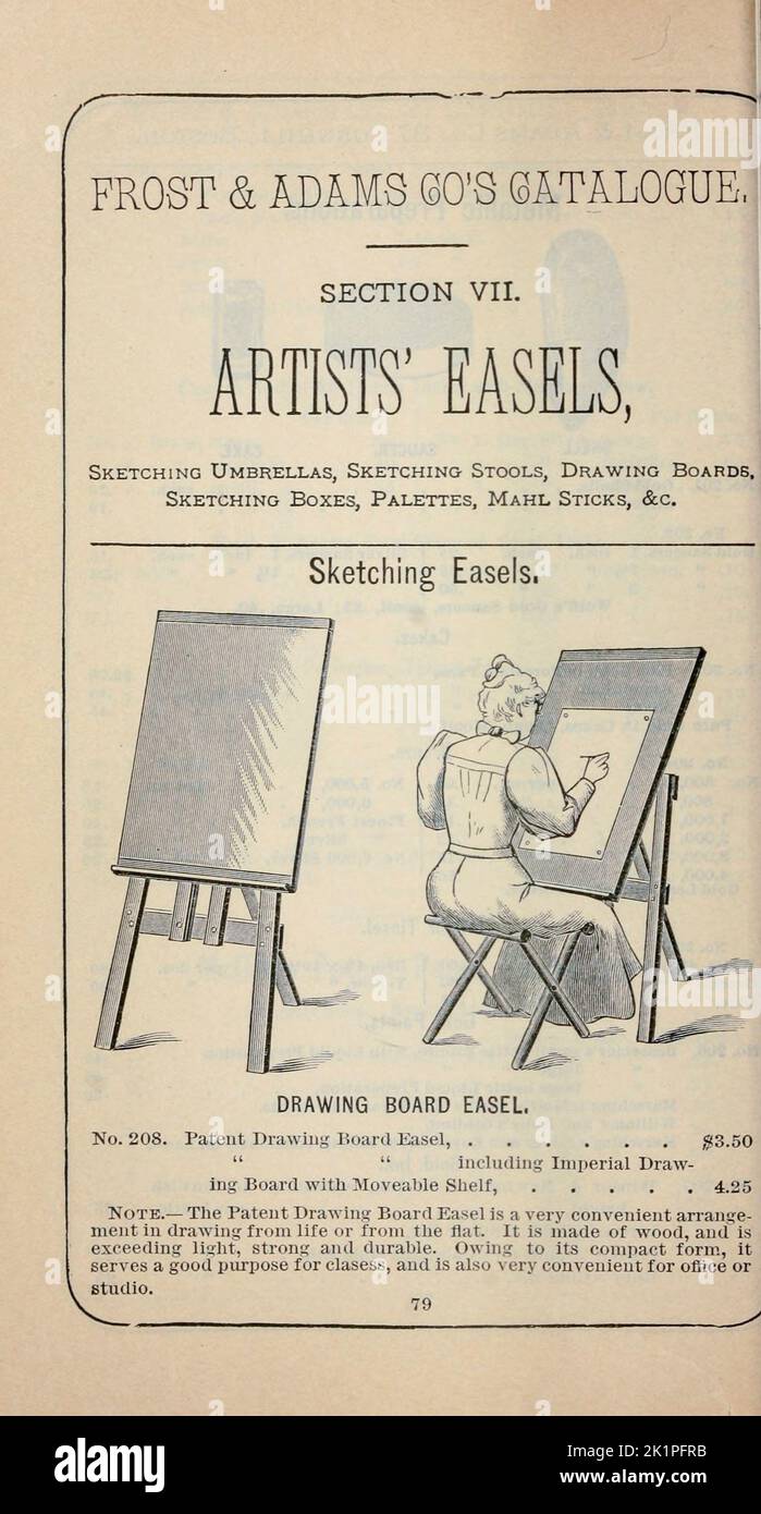 Artists' Easels from the Descriptive catalogue of artists' materials, draughting papers, tracing cloth, and mathematical instruments. by Frost & Adams Co. Publication date 1898 Stock Photo