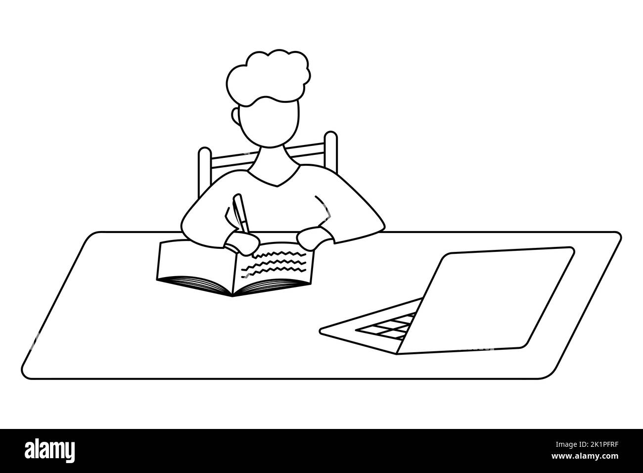 The schoolboy does homework using a laptop. Sketch. The boy sits at the table and writes in a notebook with a pen. Vector illustration. Coloring book Stock Vector