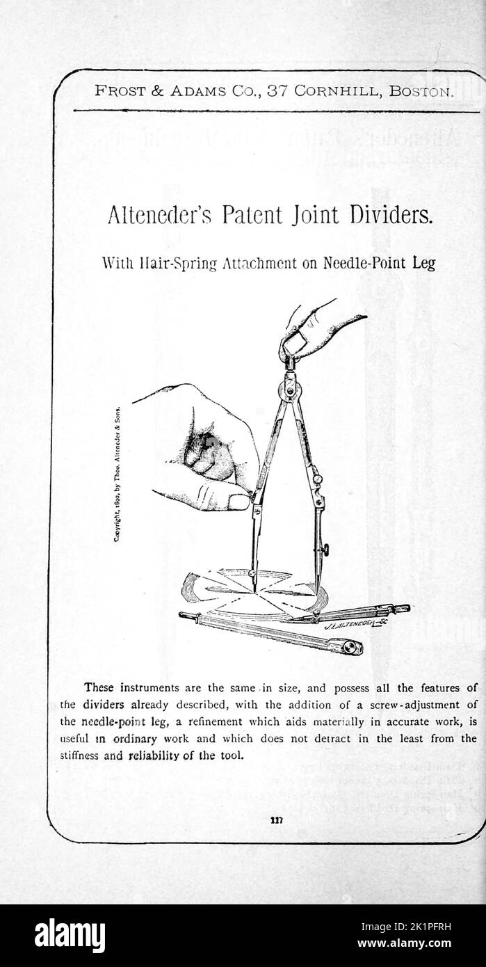 Alteneder's Patent Joint Divider with Hair-spring attachment on needle point legs from the Descriptive catalogue of artists' materials, draughting papers, tracing cloth, and mathematical instruments. by Frost & Adams Co. Publication date 1898 Stock Photo