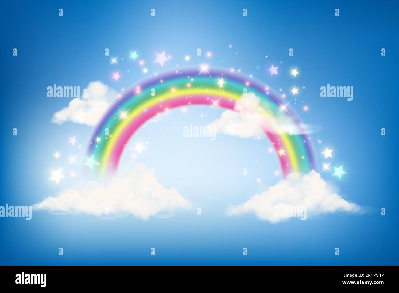Fantasy rainbow unicorn background with clouds on blue sky. Magical landscape, abstract fabulous wallpaper with stars and sparkles. Arched realistic Stock Vector