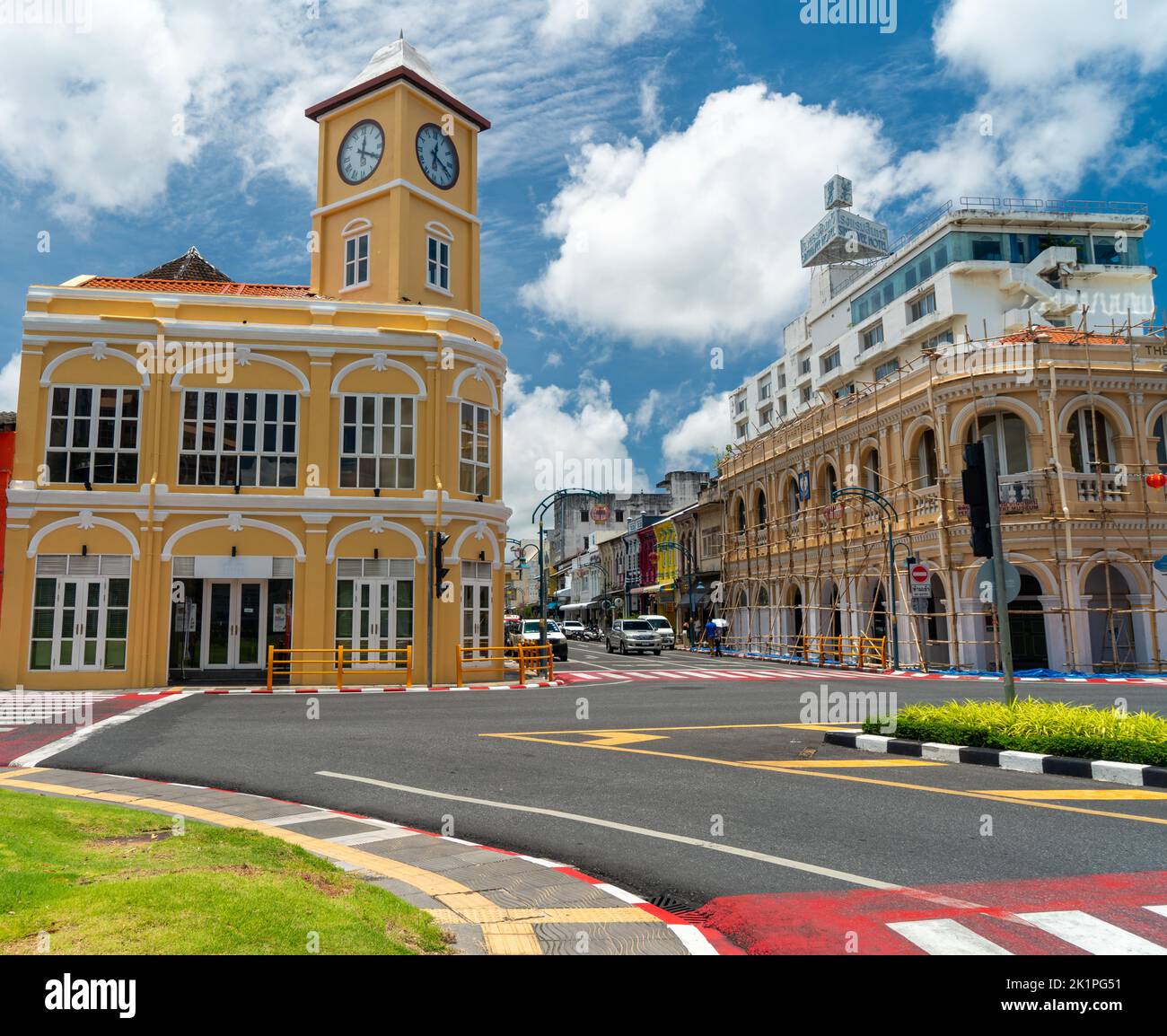 Phuket Town Clock Tower in Phuket Old Town, Thailand. A landmark of Phuket old town, a popular tourist area. Stock Photo