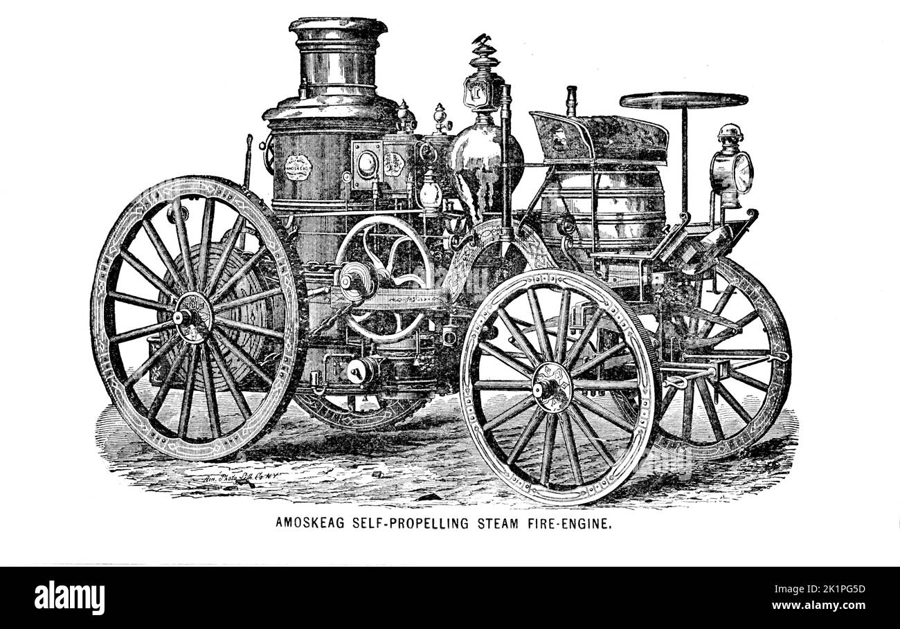 Amoskeag Self-Propelling Engine from the book ' Hand-book of modern steam fire-engines : including the running, care and management of steam fire-engines and fire-pumps ' by Roper, Stephen Pulication date 1889 Publisher Philadelphia, Pa. : E. Meeks Stock Photo