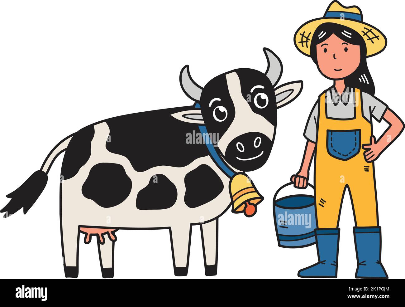 Hand Drawn woman farmer standing next to cow illustration isolated on background Stock Vector