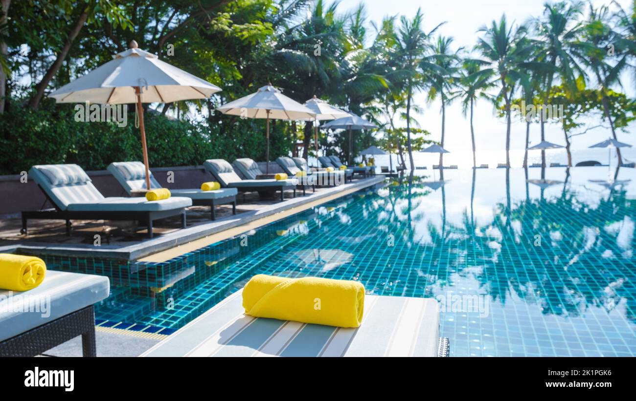 tropical pool with palm trees and beach bed chairs at a luxury resort ...
