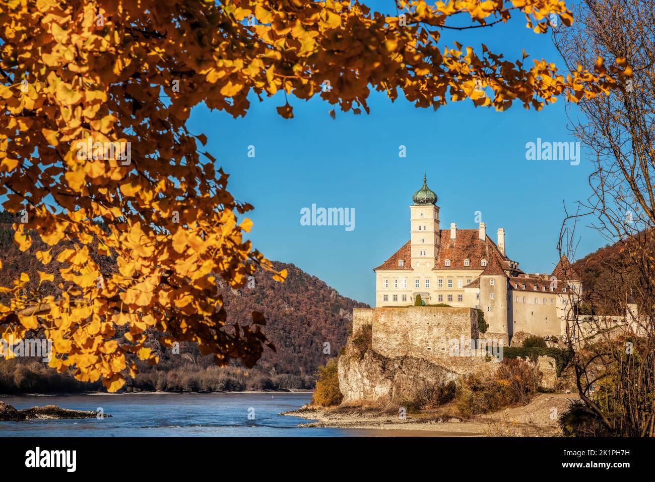 The medieval Schonbuhel castle, built on a rock over Danube river during autumn in Wachau valley, UNESCO, Austria Stock Photo