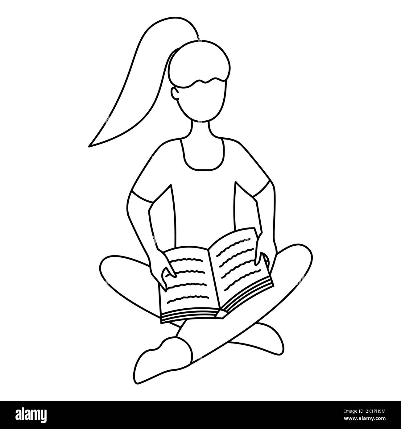 The girl sits in the lotus position and reads a book. Sketch. Vector illustration. The student is holding a textbook on her lap. Coloring book Stock Vector