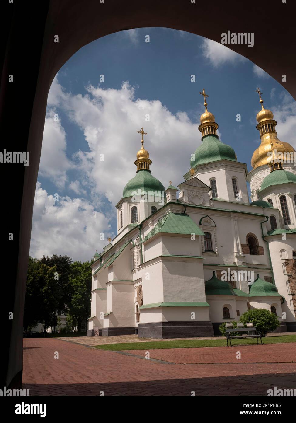 KYIV, UKRAINE -  JUNE 10, 2016:  Exterior view of View of Saint Sophia Cathedral through arch Stock Photo