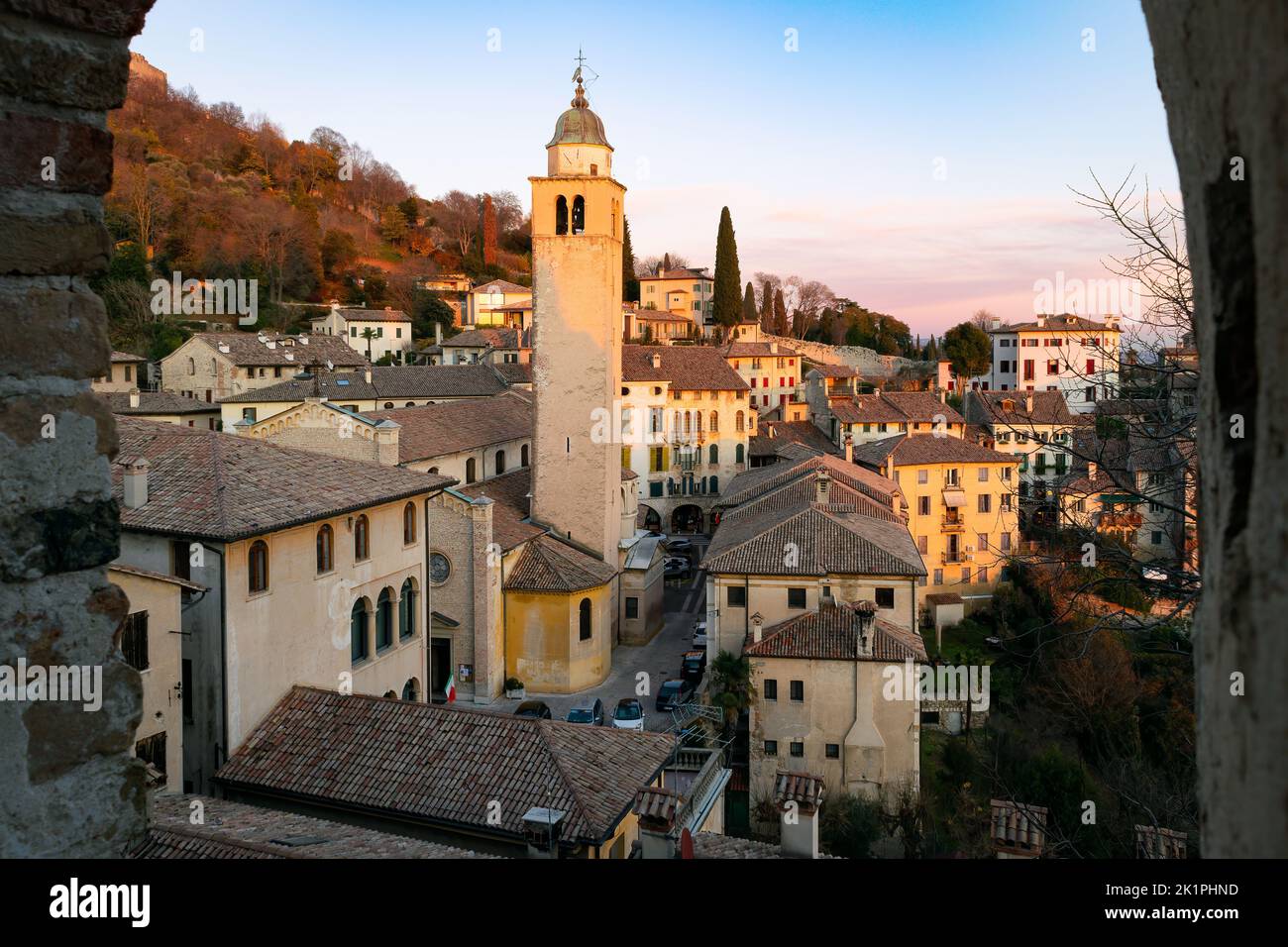 The Asolo historic center at sunset, Italy Stock Photo