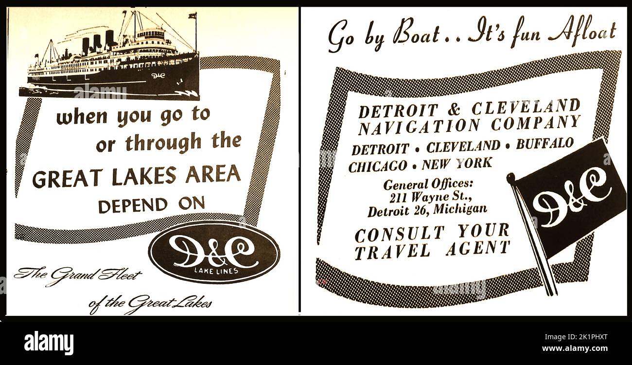 A post war (1947) advertisement  for D & C, Detroit & Cleveland Navigational Company (Detroit, Cleveland, Buffalo, Chicago, New York) Stock Photo